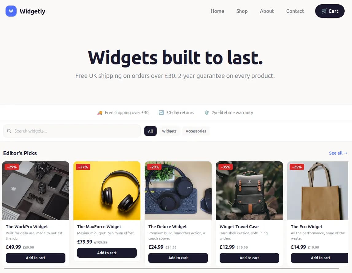 Widgetly online shop — product catalogue with shopping cart